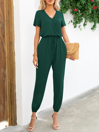 Short Sleeve V-Neck Jumpsuit with Pockets Divacious