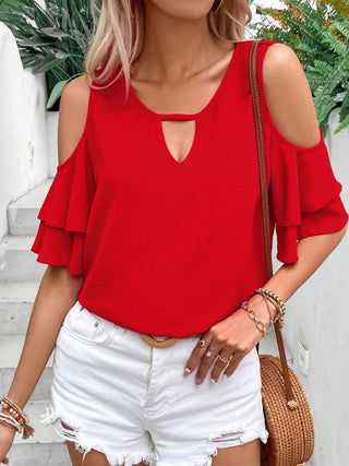 Cold Shoulder Flounce Sleeve Blouse Divacious