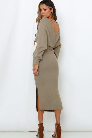 Surplice Neck Bow Waist Slit Sweater Dress Divacious