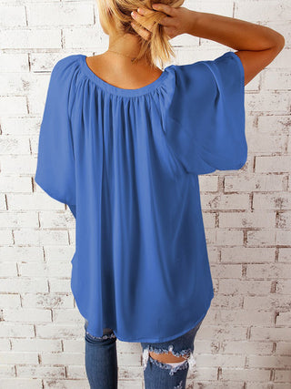 Ruched Notched Half Sleeve Blouse Divacious