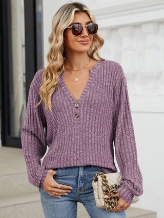 Ribbed Notched Long Sleeve T-Shirt Divacious