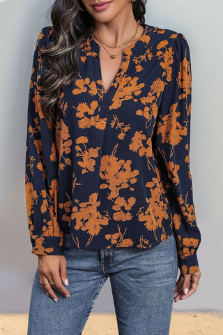 Printed Notched Long Sleeve Blouse Divacious