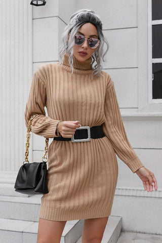 Ribbed Turtle Neck Long Sleeve Mini Sweater Dress Divacious