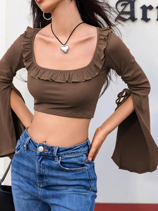 Open Bell Sleeve Square Neck Crop Top Divacious