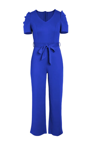 Belted Puff Sleeve V-Neck Jumpsuit Divacious