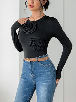 Flower Round Neck Long Sleeve Bodysuit - Divacious