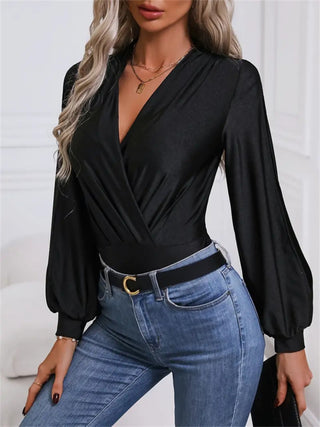 Surplice Slit Long Sleeve Bodysuit - Divacious