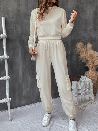 Perfee Round Neck Long Sleeve Top and Pants Set Trendsi