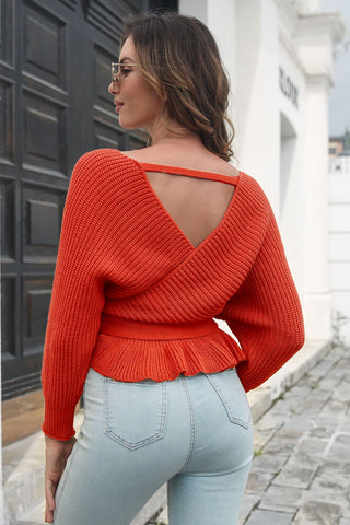 Tie Waist Ruffle Hem Sweater Divacious