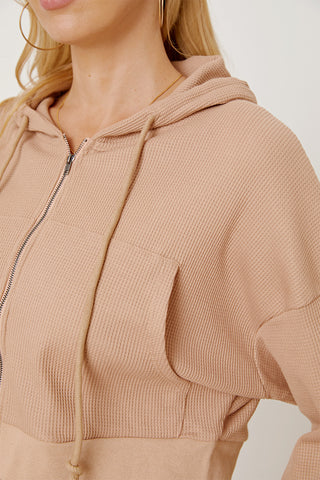 Waffle-Knit Drawstring Zip Up Hoodie Divacious