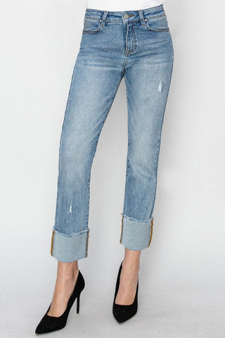 Full Size High Rise Cuffed Slim Straight Jeans Divacious