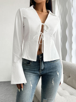 Slit Tied Collared Neck Long Sleeve Blouse - Divacious