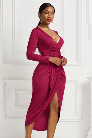 High-low Ruched Surplice Long Sleeve Dress Trendsi