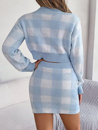 Plaid Round Neck Top and Skirt Sweater Set Trendsi