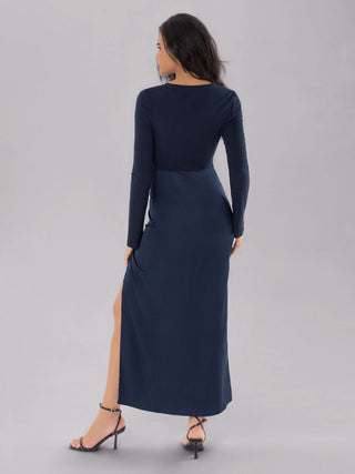 Split Round Neck Long Sleeve Midi Dress - Divacious