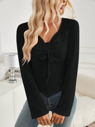 Ribbed Drawstring Long Sleeve T-Shirt - Divacious