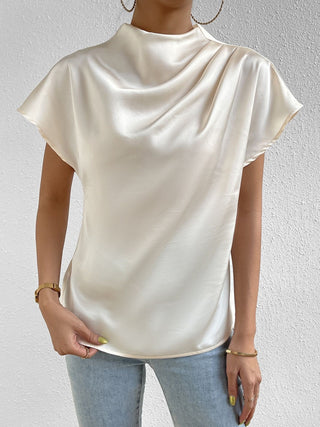 Ruched Mock Neck Short Sleeve Blouse Divacious