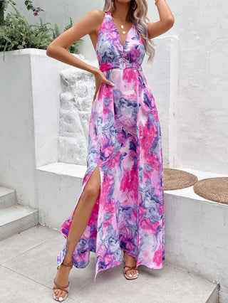 Honey Printed Open Back Slit Sleeveless Dress Trendsi