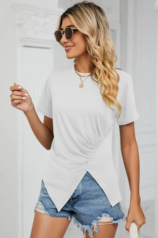 Ruched Round Neck Short Sleeve T-Shirt Divacious