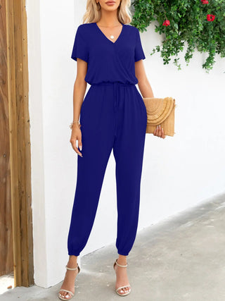 Short Sleeve V-Neck Jumpsuit with Pockets Divacious