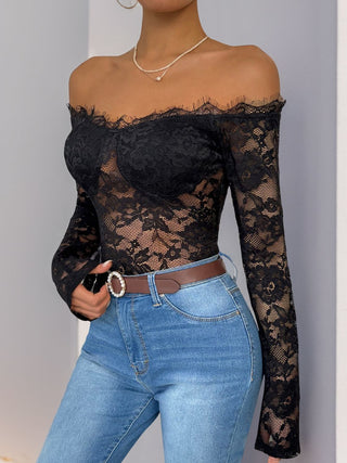 Lace Off-Shoulder Long Sleeve Bodysuit - Divacious