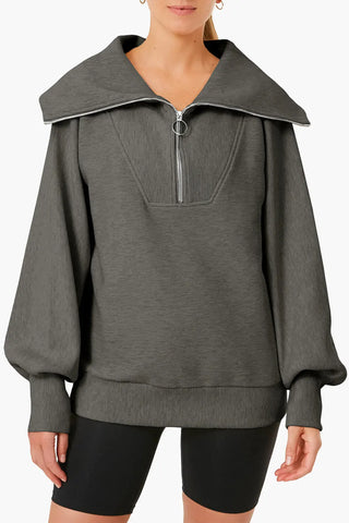 Pocketed Quarter Zip Collared Neck Sweatshirt Divacious