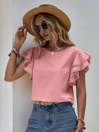 Ruffled Cap Sleeve Round Neck Blouse Divacious