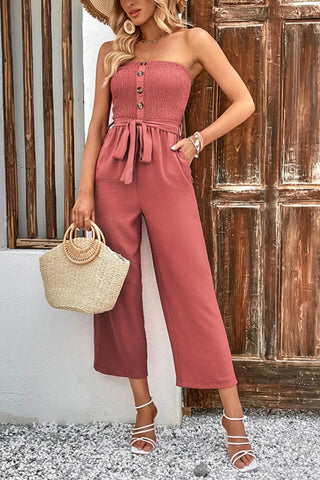 Decorative Button Strapless Smocked Jumpsuit with Pockets Divacious