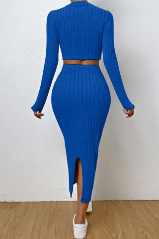 Long Sleeve Top and Wrap Skirt Set Trendsi