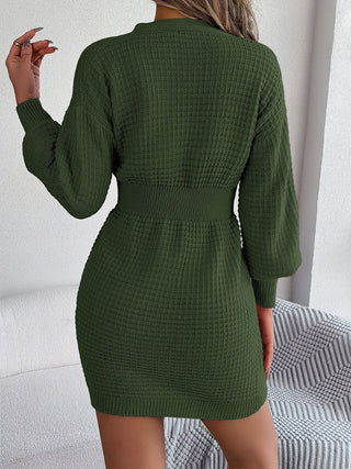 Buttoned Cable-Knit V-Neck Sweater Dress Divacious