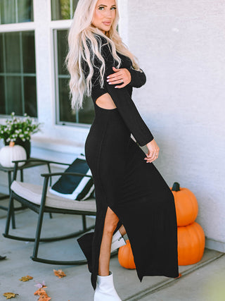 Cutout Round Neck Long Sleeve Slit Maxi Dress Trendsi