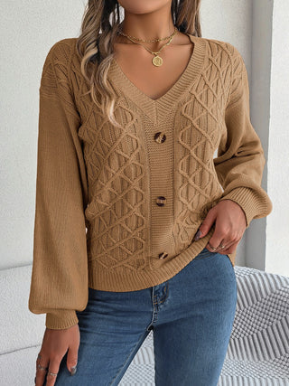 Cable-Knit V-Neck Lantern Sleeve Sweater Divacious