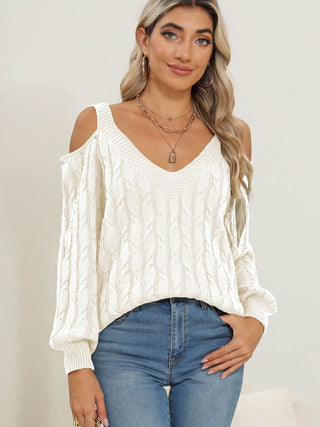 Cable-Knit Cold Shoulder Sweater - Divacious