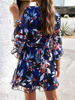 Devine Ruffled Printed Surplice Half Sleeve Mini Dress Trendsi