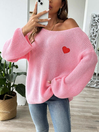 Heart Boat Neck Dropped Shoulder Sweater - Divacious