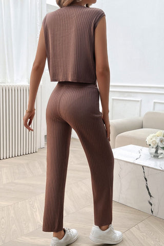 Ribbed Round Neck Top and Pants Set - Divacious