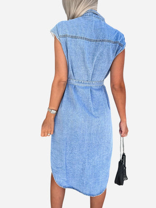 Collared Neck Cap Sleeve Denim Dress Divacious