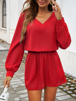 Devine Cutout V-Neck Long Sleeve Mini Dress Trendsi