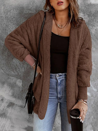 Open Front Hooded Faux Fur Outwear with Pockets Divacious