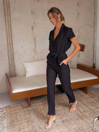 Tied Collared Neck Short Sleeve Jumpsuit Divacious