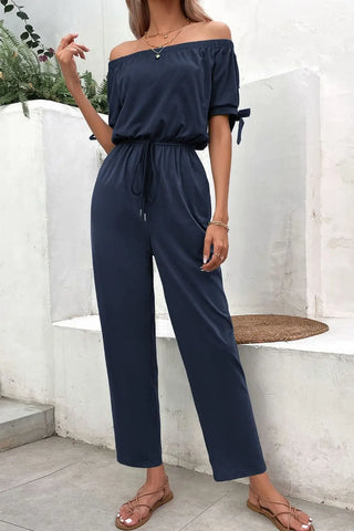 Off-Shoulder Tie Cuff Jumpsuit with Pockets Divacious