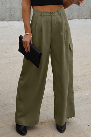 Ruched Wide Leg Pants with Pockets Divacious