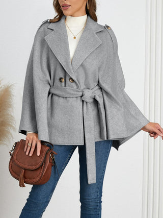 Double-Breasted Tie Waist Poncho - Divacious