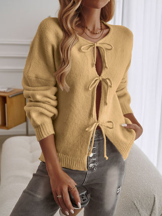 Tied Round Neck Dropped Shoulder Cardigan - Divacious