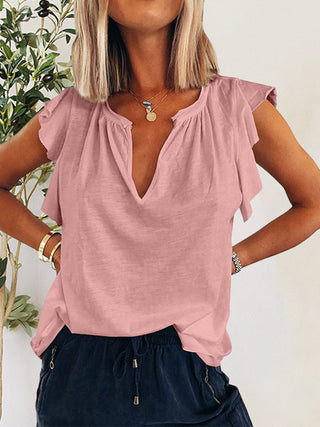 Ruffled Notched Cap Sleeve T-Shirt Divacious