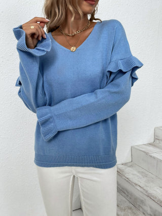 Ruffled V-Neck Dropped Shoulder Sweater Divacious