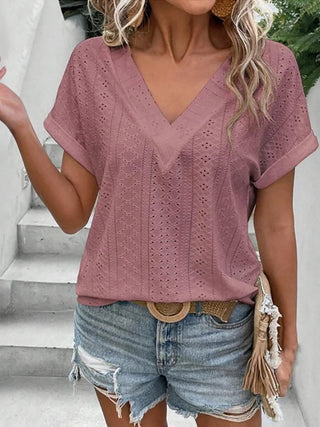 Eyelet V-Neck Short Sleeve Blouse Divacious