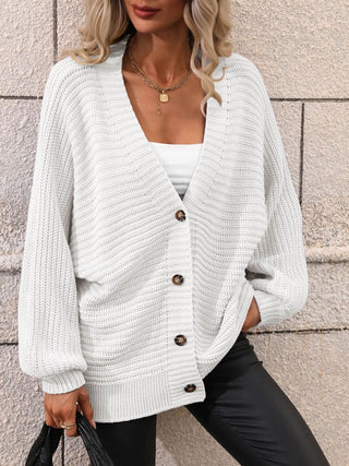 Button Down Horizontal-Ribbing Longline Cardigan Divacious