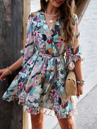 Devine Ruffled Printed Surplice Half Sleeve Mini Dress Trendsi