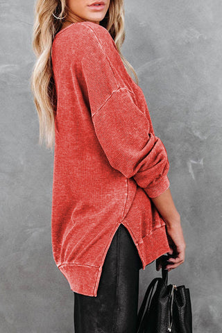 Waffle Knit Side Slit Drop Shoulder Sweatshirt Divacious